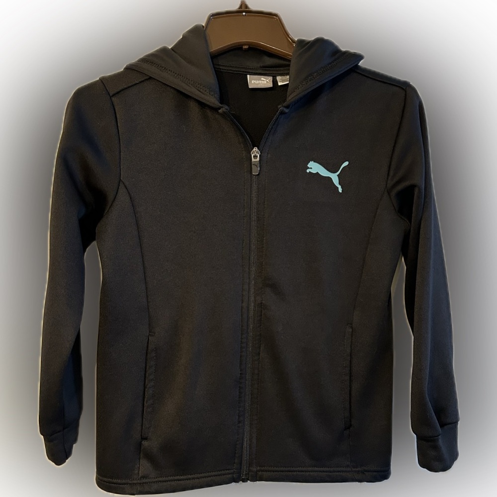 Puma Full Zip Fleece Lined Hoodie - Black with Teal logos. Girl’s Small (8). EUC